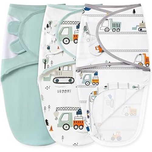 Baby Swaddles for Newborns with Zipper, 100% Cotton Newborn Swaddle Sack, 3 Pack Baby Swaddles 0-3 Months Swaddle Sleep Sack for Newborn Baby Boy Girl Green Excavator