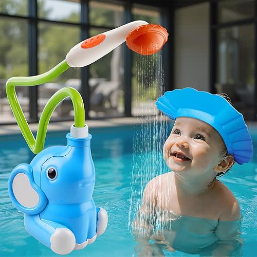 Elephant Baby Bath Shower Head & Splash-Free Hat Set, Interactive Bath Toys for Toddlers 18M-5 Years, 360° Hose & Water Sprayer Bathtub, Kids Swimming Pool & Outdoor Water Play Gift for Boys Girls