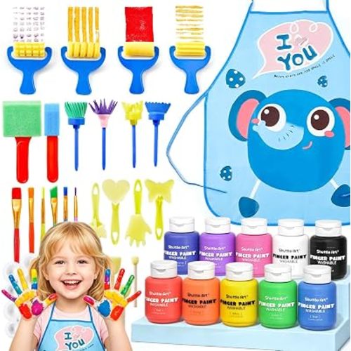 Shuttle Art Washable Finger Paint Set, 37 PCS with 10 Colors (2 fl oz) Non-Toxic Toddler Paint, Paint Brushes, Sponge, Smock, Toddler Art Supplies