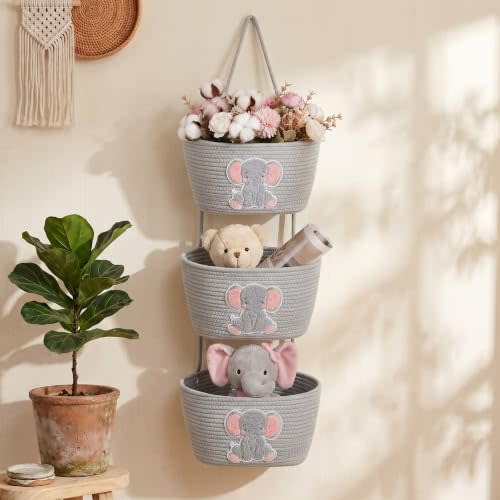 Elephant Nursery Decor Elephant Basket 3-Tier Cotton Rope Hanging Basket Organizer Wall Storage Bin with Hooks, Grey Over Door Decorative Nursery Closet Hanging Accessories