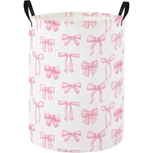 Baby Laundry Hamper Basket Baby Hamper for Nursery Boy and Girl Cute Kids Toys Storage Bin Organizer Boho Room Decor(Pink Bowknot)