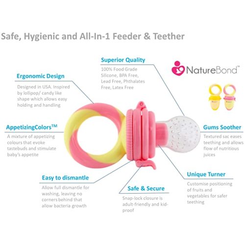 NatureBond Baby Food Feeder/Fruit Feeder Pacifier (2 Pack) - Infant Teething Toy Teether | Includes Additional Silicone Sacs - Peach Pink and Lemonade Yellow