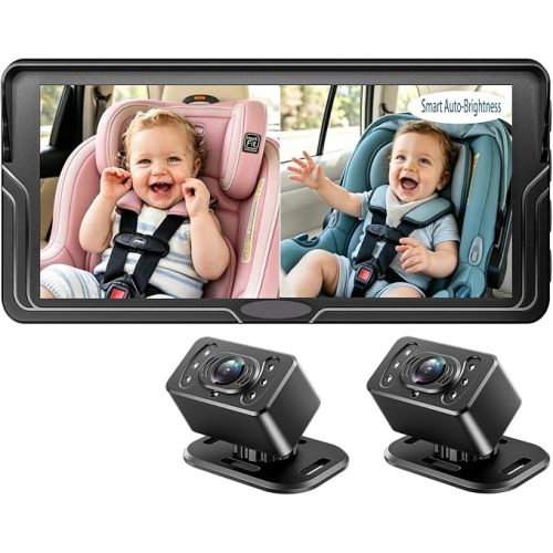 Dual Baby Car Camera for 2 Kids - 6.86 Inch IPS AHD 1080P Split Screen Monitor with 2 Backseat Cameras, Cigarette Lighter & USB Powered, IR Night Vision, 360 Rotatable, Double Rear-Facing Mirror