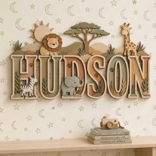 Safari Baby Name Sign, Wooden Letters for Wall Decor, Jungle Theme Nursery, Kids Playroom Wall Art, New Baby Gift, Personalized Wood Sign