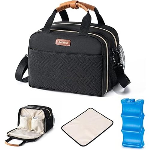 Breastmilk Cooler Bag with Ice Pack Fits 6 Baby Bottles Up to 9 Ounce, Compatible with Wearable Breast Pumps & Accessories-Black