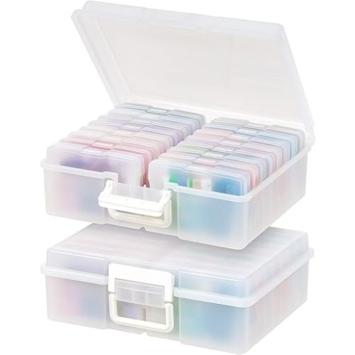IRIS USA 4"x 6" Photo Storage Box Container Keeper Organizer, 2-Pack, Main Container with 16 Organization Cases for Pictures Crafts Scrapbooking Stationery, Protection and Organization, Pearl