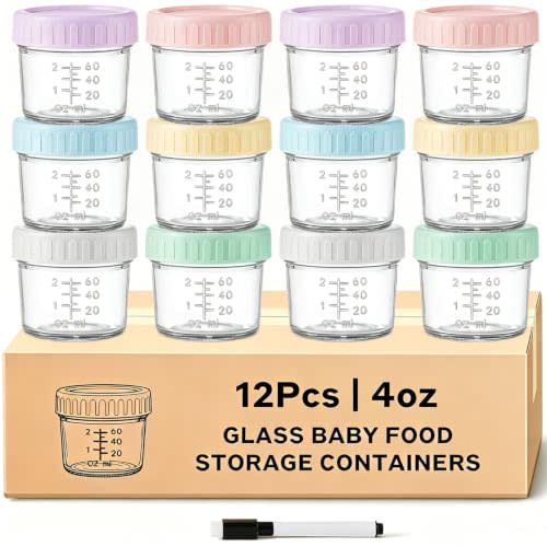 12 Pack Glass Baby Food Containers 4 oz Glass Baby Food Jars with Lids Baby Food Maker Small Baby Food Storage Containers Microwave Dishwasher Freezer Safe 100% Leak Proof BPA Free Reusable