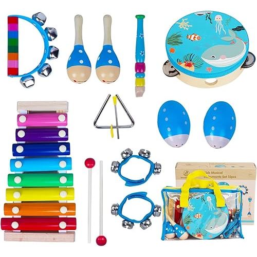 Wooden Musical Instruments Set for Toddlers 1-3, Natural Wood Percussion Instruments Xylophone Gift Set for Girls Boys Kids ,Preschool Educational Musical Toys with Storage Bag
