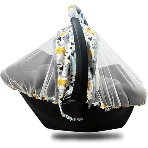 Mosquito Net for Baby CarSeat –Car seat net for Newborn Carrier –Breathable mesh net for Infant Car Seats, Stroller and Bassinets, Carrier, Elastic Edge, Kick Proof, Dinosaur, White, Patent Design