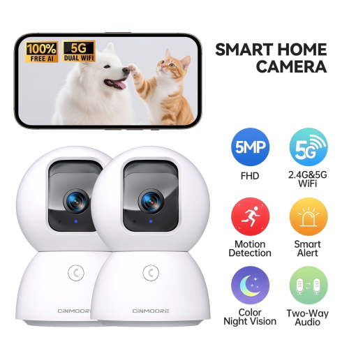 CINMOORE 3K 5MP Pet/Dog Camera with Phone App, Dual-Band WiFi 6 5GHz Indoor Camera for Home Security, Baby Camera Monitor, AI Tracking w/Facial Recognition, Pan/Tilt, 2-Way Talk, 64GB SD/Cloud, 2Pack