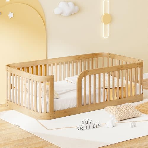 Bellemave Twin Floor Bed with High Fence and Rounded Corner Design, Twin Size Montessori Bed with Safety Guardrails, Easy Assemble Montessori Beds Frame for Girls, Boys, Natural