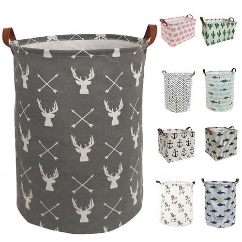 Large Hamper - Large Sized Storage Baskets with Handle, Collapsible & Convenient Home Organizer Containers for Kids Toys, Baby Clothing ( Round - Grey Deer )