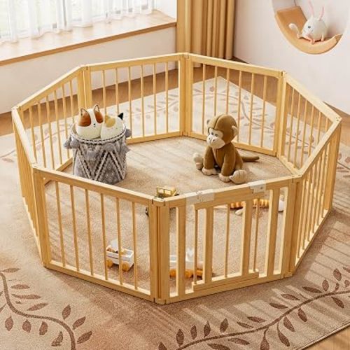 Feonase Baby Gate Playpen 58x58x25.2in- 8 Panels Foldable Wooden Fence