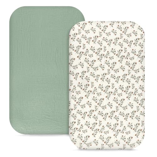 Hooyax Muslin Bassinet Sheets 2 Pack for Baby, Compatible with Bedside Sleeper Bassinet Fitted Sheets for Girls Boys, Ultra Soft and Skin-Friendly (Green, Leaf)