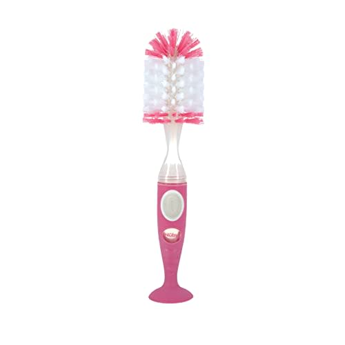 Nuby Easy Clean Dispensing Soft and Durable Bristle Bottle Brush with Textured Handles and Suction Base, 2 in 1 System, Pink