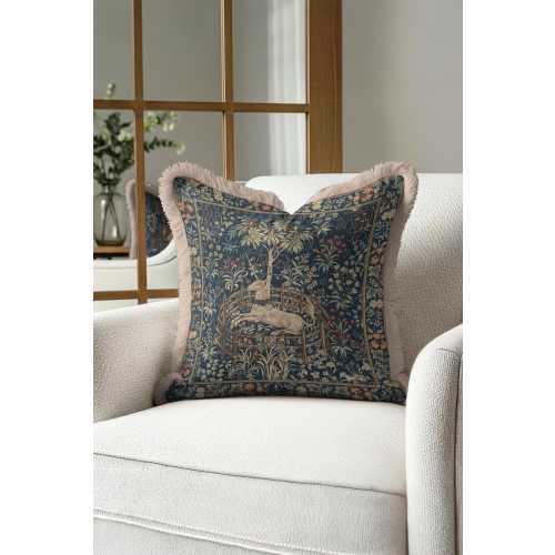 Unicorn Tapestry Pillow Cover with Fringes, Medieval Millefleur Cushion Case, Vintage Floral Woven Throw Pillow, Dark Academia Home Decor