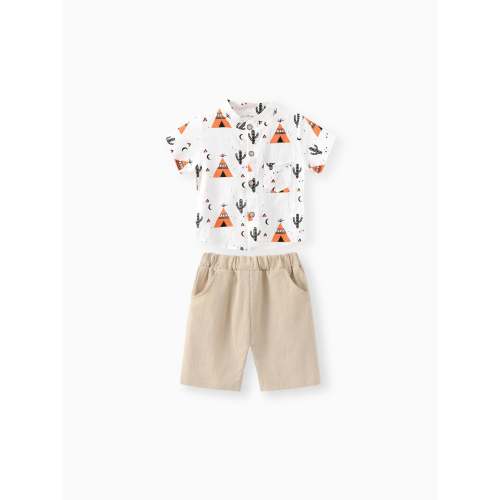 2pcs Baby Boy 95% Cotton Short-sleeve All Over Cactus Print Button Up Shirt and Solid Shorts Set Orange