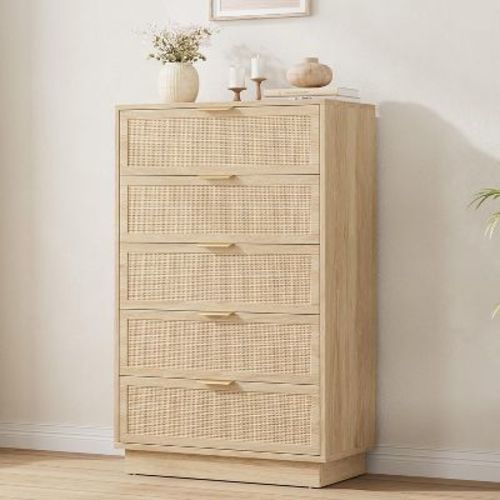 Antique White Rattan 5-Drawer Dresser, 46.7" Tall Chest with Metal Handles for Bedroom, Living Room, or Nursery Storage