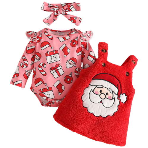 HCNTES Baby Girl Halloween Outfit Pumpkin Ruffled Long Sleeve Romper Overall Dress Set Cute Fall Winter Clothes(Red,3-6 Months)