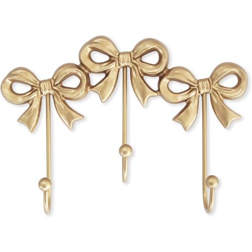 Bow Wall Hook,Small Wall Mounted Functional Hooks,Antique Gold Cast Iron Hook for Coats,Bags, Bath Towels,Room Decorations,Girls Room,Bathroom,Office(Three-Bows Hooks:8.27x5.59 inches)