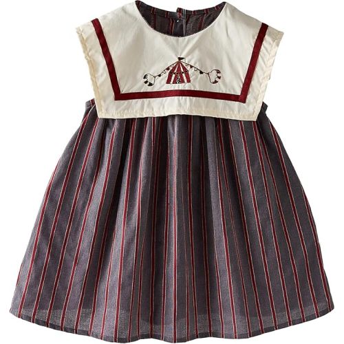 Baby Girls Sleeveless Navy Collar Striped Dress with Embroidery, 6 Months-12 Years, Summer Casual Style