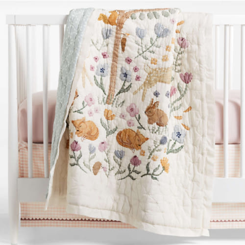 Wonderland Prairie Embroidered Organic Cotton Voile Baby Crib Quilt
