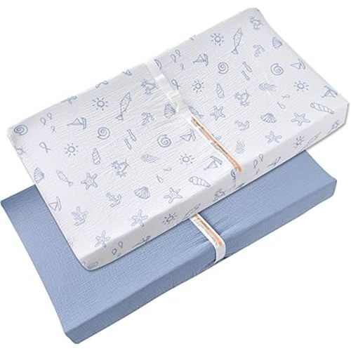 TADO MUSLIN Changing Pad Cover for Baby Girls Boys - 100% Organic Cotton Muslin Changing Pad Sheets with Secure 360° Elastic Fit, Ultra-Soft for Delicate Skin, 2 Pack