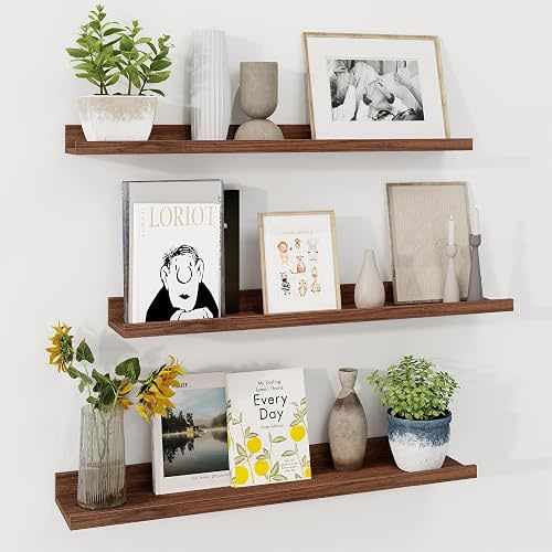 Axeman 30 Inch Floating Shelves | Walnut Picture Ledge Shelf Set of 3 | Rustic Wood Wall Shelves with Lip | 30" Walnut Picture Shelf for Wall with Ledge | Photo Shelves