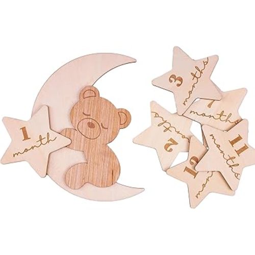 Teddy Bear Baby Monthly Milestone, Wooden Baby Milestone Signs, Monthly Milestone Wood Discs, Baby Milestone Discs, Baby Photo Props Cards Interchangeable Number Set of 12 for Baby Growth Recording