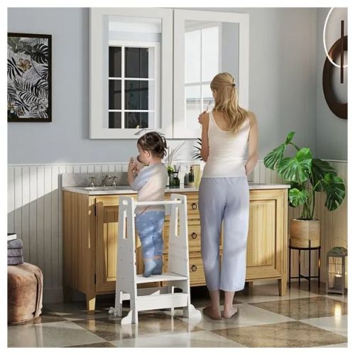 Kids Standing Tower, 2 in 1 Toddler Tower with Safety Rail for Bathroom, Sink, Kitchen or Counter, White