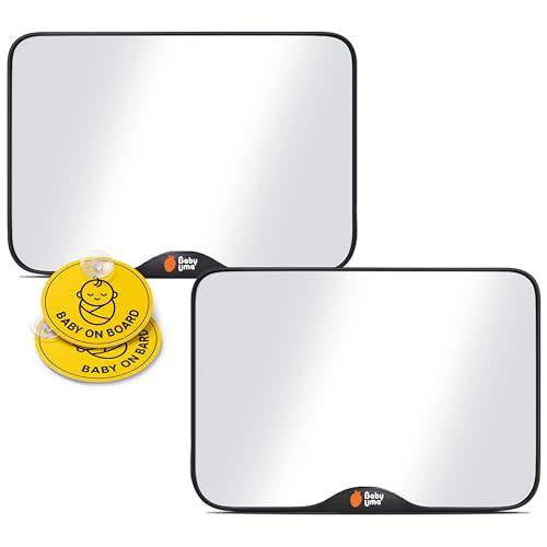Baby Uma Baby Car Mirror (2 Pack) + Baby On Board Signs for Car - Clear-View Shatterproof Mirror, Easy On 'n Off with Stay-Put Buckles, Newborn Essentials (9.4 x 6.4 in)