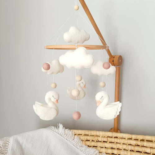 Elegant Swan Baby Mobile | Handmade Felt Cloud & Pom-Pom Crib Mobile — Soft Nursery Decor