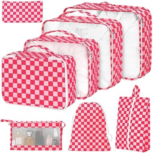 8 Set Packing Cubes for Suitcases,Packing Cube with Shoe,Cosmetics,Clothing, and Accessories Bags Packing Cubes for Travel Luggage Organizer Women Men(Rose Checkered)