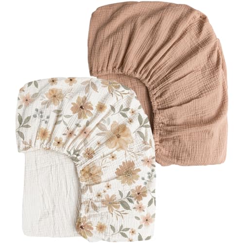 Konssy 2 Pack Muslin Crib Sheets for Standard Crib Mattress, 52" x 28" | 100% Cotton, Soft & Breathable, 360 Elastic Snug Fit, Solid & Printed Designs for Baby Girls & Boys (Toffee,Flourish)