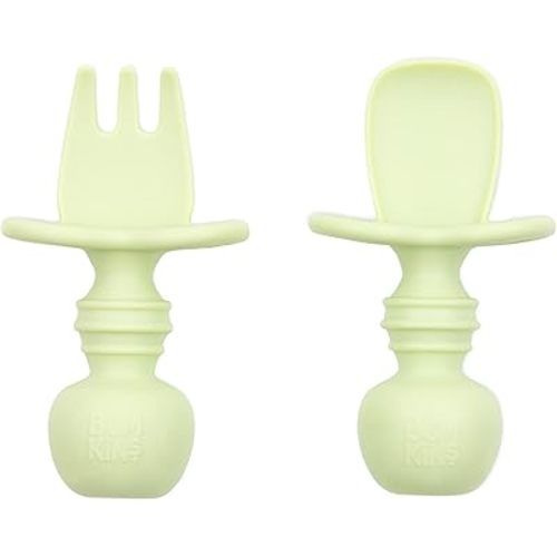 Bumkins Baby Utensils Set, Chewtensils Silicone Spoons for Dipping, Self-Feeding, Baby Led Weaning, Trainer Learning, First Stage Eating, Soft Practice Fork and Spoon, Babies 6 Months, Sage Green