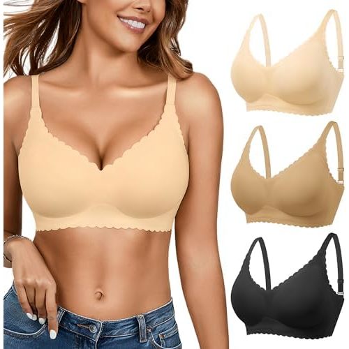 Seamless Jelly Bras for Women 3 Pack - Deep V Wireless Push Up No Wire Womens Bra Padded Comfort with Support for Gifts