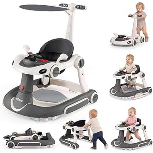 INFANS 6-in-1 Foldable Baby Walker, Converts Push Car to Bouncer, Rocker with Music, Lights, Adjustable Height & Speed, Activity Center, Canopy for 7-18 Months (Gray)