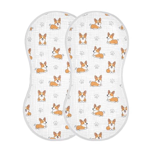 2 Pack Muslin Burp Cloths Cute Corgi Dogs White Cotton Baby Burp Cloths Extra Absorbent and Soft Thick Burping Cloth for Newborn Boys Girls 22x11 Inch