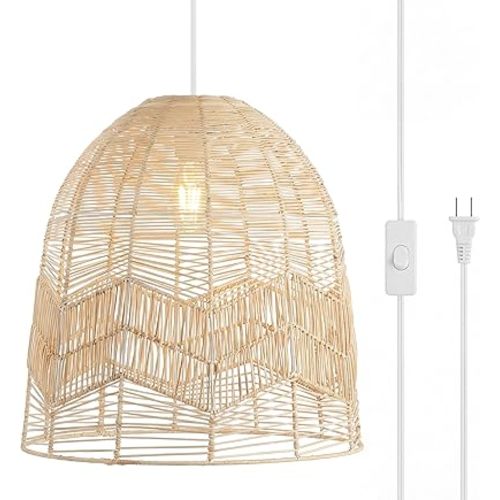 JONATHAN Y 17.5" Light Brown 1-Light Rattan Pendant Light, Farmhouse Coastal Boho Woven Swag Lamp, Plug-in or Hardwired, Adjustable Height, LED Bulb Included JYL1400A