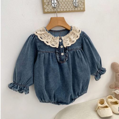 Baby Lace-trimmed Peter Pan Collar Denim Onesie