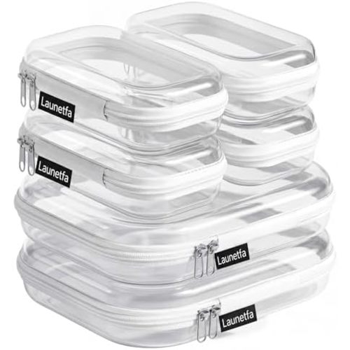 6 Pack Clear Hard Shell Zipper Case, 2 Medium 4 Small Hard Plastic Organizer Case for Travel, Skincare, Makeup, Electronics, Cables and Small Items, Clear Zipper Pouches