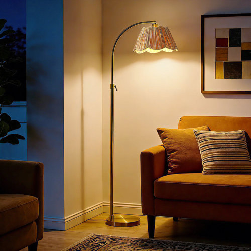 Lark Manor™ 64'' Adjustable Gold Arched Floor Lamp With Handwoven Boho Shade, Rotatable Reading Light, Easy Assembly & E26 LED Bulb Included | Wayfair