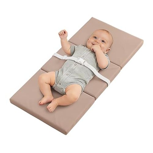 YACODAVO Foldable Baby Changing Pad with Vegan Leather Cover, Standard Side Waterproof & Wipeable Changing Pad for Toddler, Flat Foam Travel Diaper Changing Pad for Dresser and Table, Light Brown
