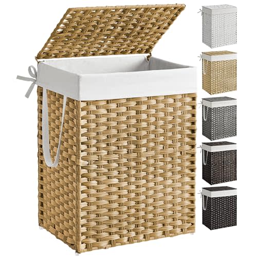 SONGMICS Laundry Hamper with Lid, 23.8 Gallon (90 L) Synthetic Rattan Clothes Laundry Basket with Lid and Handles, Foldable, Removable Liner, Goose Yellow ULCB51NL