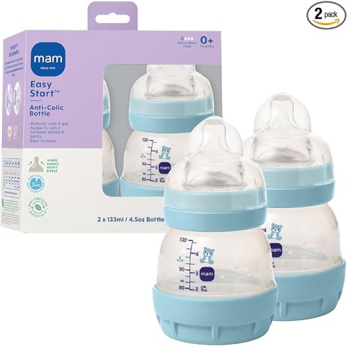 MAM Easy Start Anti-Colic Baby Bottles, Extra Slow Flow, Breastfeeding-Like Silicone Nipple Bottle, Reduces Colic, Gas, & Reflux, Easy-to-Clean, BPA-Free, Vented Baby Bottles for Newborns, 0-3 Months