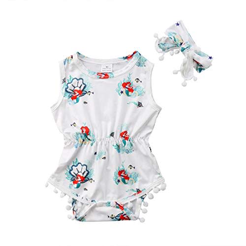 Baby Girls Rompers, Mermaid Sea World Pattern Flower Edge Bodysuit and Solid Basic Style Rompers Outfits Clothes