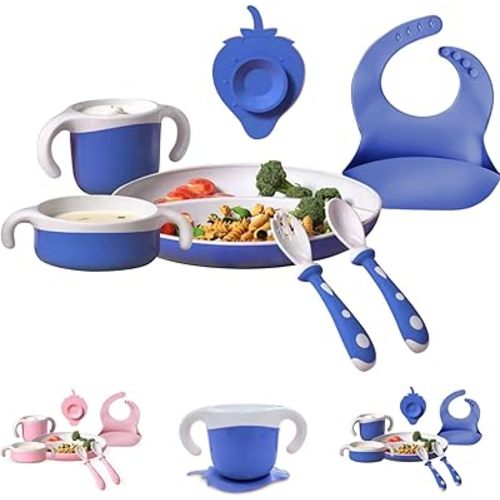 Baby Feeding Set - 7-Piece Baby Led Weaning Utensils with Suction Bowl, Plate, Spoon, Fork & Sippy Cup (Blue-White)
