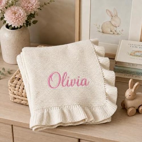 Custom Knit Baby Blanket, Embroidered Name Nursery Blanket, Cozy Soft Cotton Knit Custom Name, Newborn Gifts