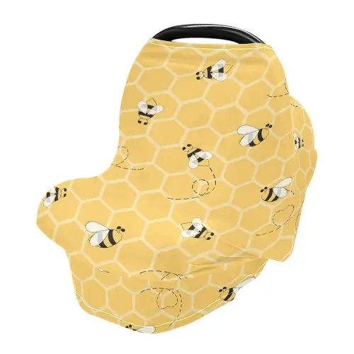 Cute Bee On Honey Yellow Honeycomb Pattern Stretchy Baby Car Seat Cover Infant Canopy Nursing Covers Breastfeeding Cover Breathable Windproof Winter Scarf for Boys Girls