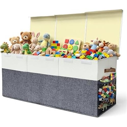 Extra Large Toy Storage Box with Lid, Collapsible Kids Toy Box, Sturdy Toys Storage Chest Bin Organizer Basket with Dividers for Kids, Boys, Girls, Living Room, Bedroom, Nursery, Playroom, 40"x14"x16"